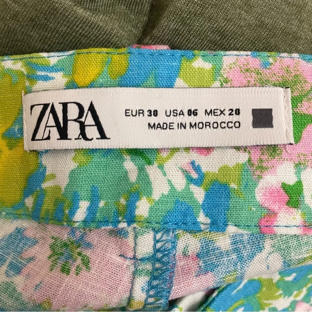 Zara Pants Blue Floral Linen Blend Flare Cropped Boho Festival Hippie